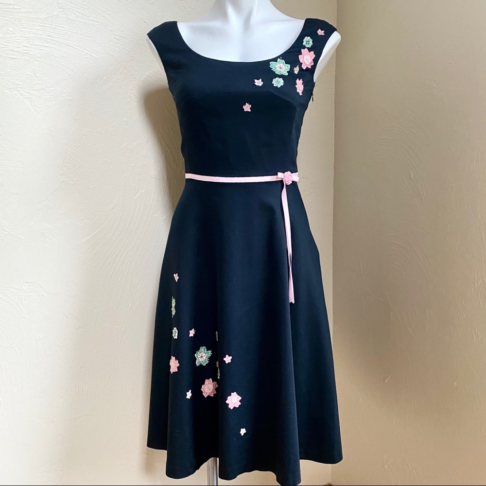 black floral appliqué dress